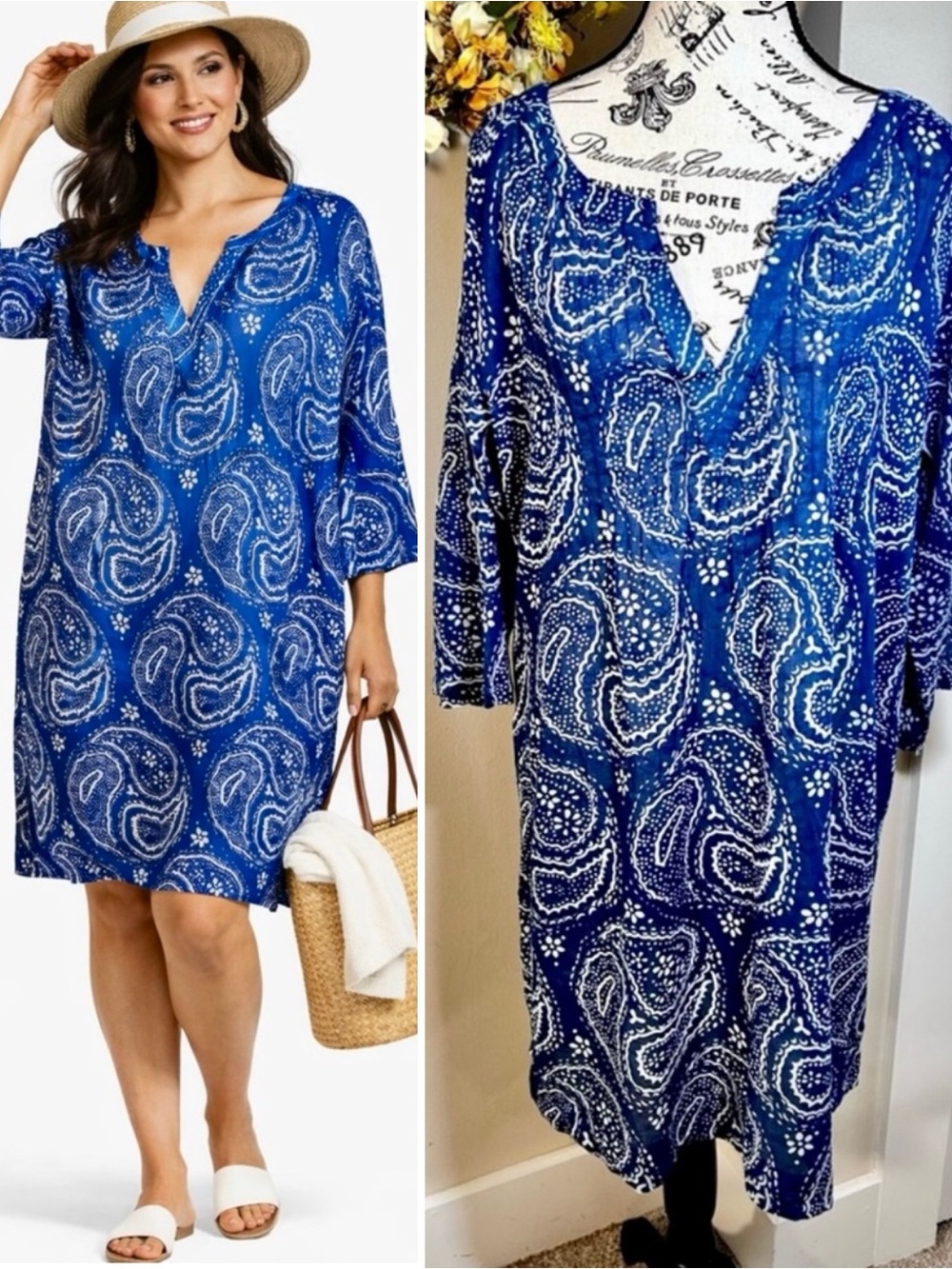 NWT Dolma Indigo Batik Paisley Lightweight Cotton V Neck Tunic Dress Size XL🧡